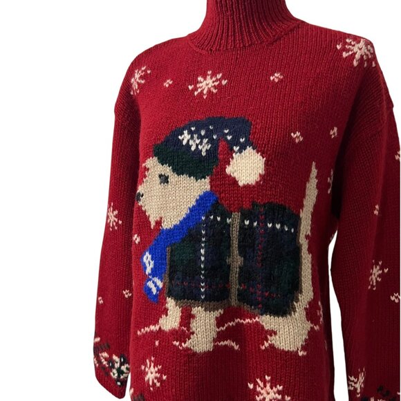 Ralph Lauren Hand Knit Wool Dog Snowflake Red Sweater Size M - Picture 3 of 7